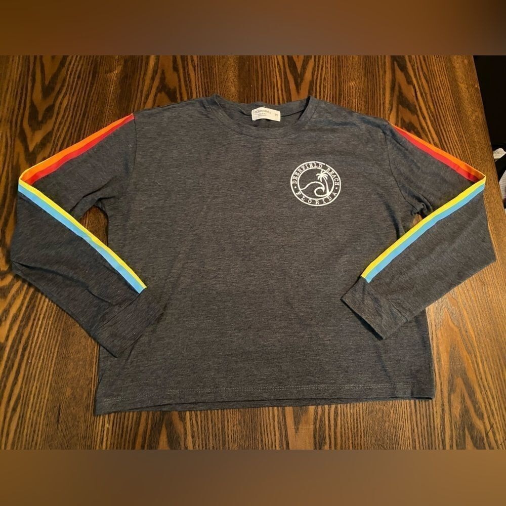 Ocean Drive Top Womens M Gray Rainbow‎ Stripe Deerfield Beach Crop Shirt Y2K